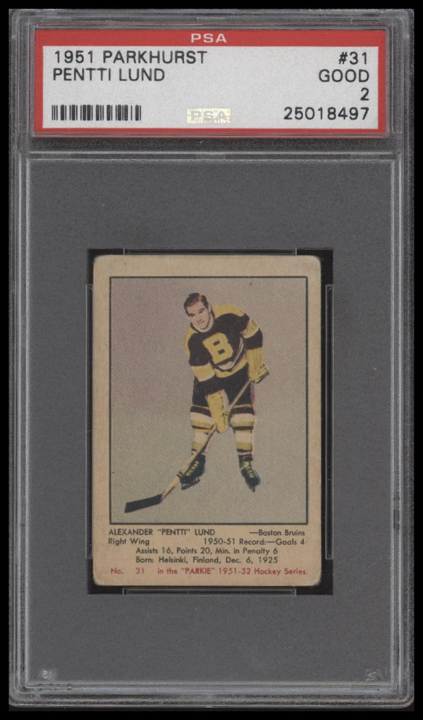 1951 PARKHURST PENTTI LUND 31 GOOD RC PSA 2 HOCKEY BOSTON BRUINS