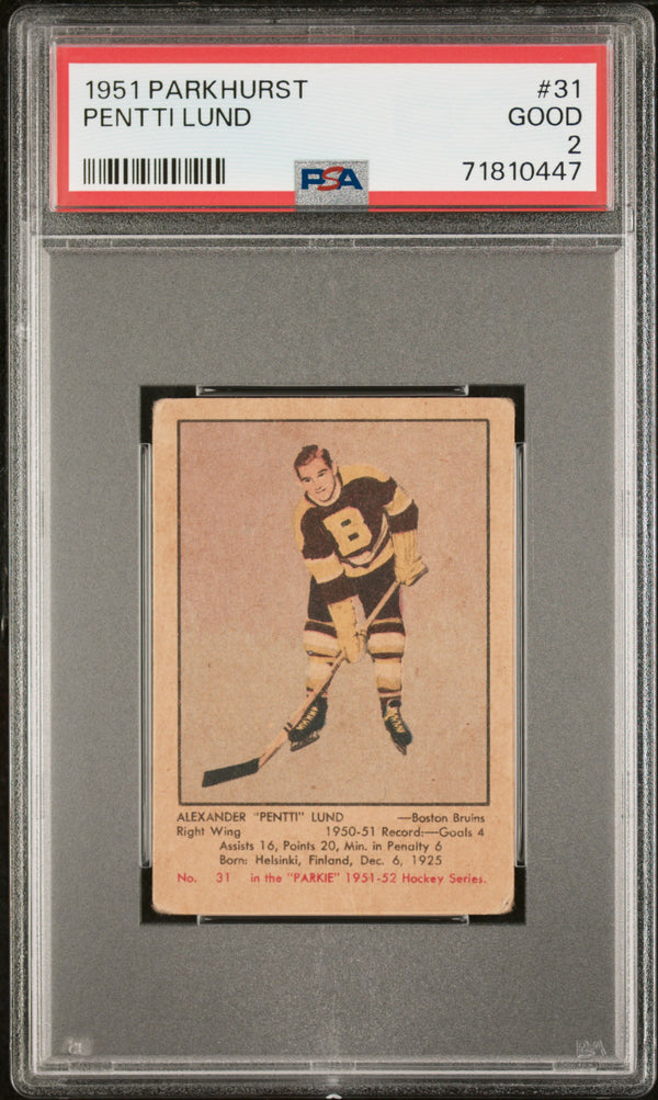 1951 PARKHURST PENTTI LUND 31 GOOD RC PSA 2 HOCKEY BOSTON BRUINS