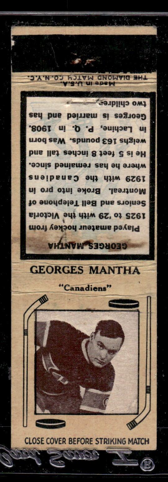 1933 DIAMOND MATCHBOOK COVERS GEORGES MANTHA NNO VG HOCKEY MONTREAL CANADIENS