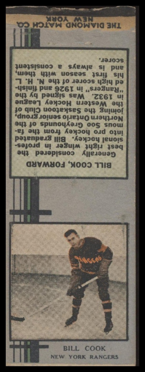 1933 DIAMOND MATCHBOOKS BILL COOK NNO VG-EX SILVER HOCKEY NEW YORK RANGERS