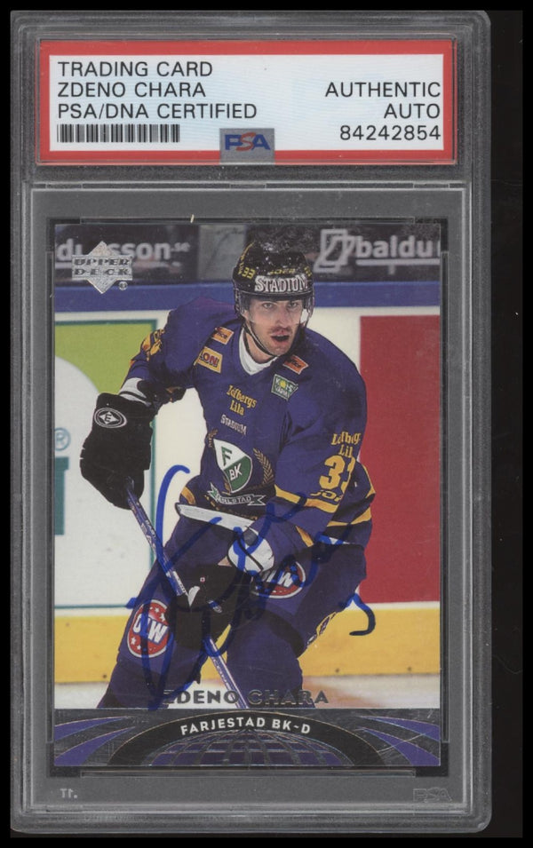 2004 UPPER DECK ALL-WORLD EDITION ZDENO CHARA 54 AUTOGRAPH PSA A FARJESTAD BK