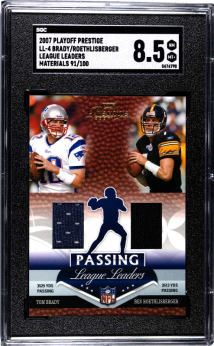 2007 PLAYOFF PRESTIGE TOM BRADY ROETHLISBERGER LEAGUE LEADER JERSEY /100 SGC 8.5