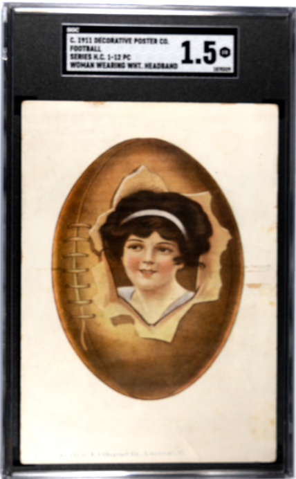1911 DECORATIVE POSTER CO. POSTCARD FOOTBALL WOMAN WEARING WHITE FAIR SGC 1.5
