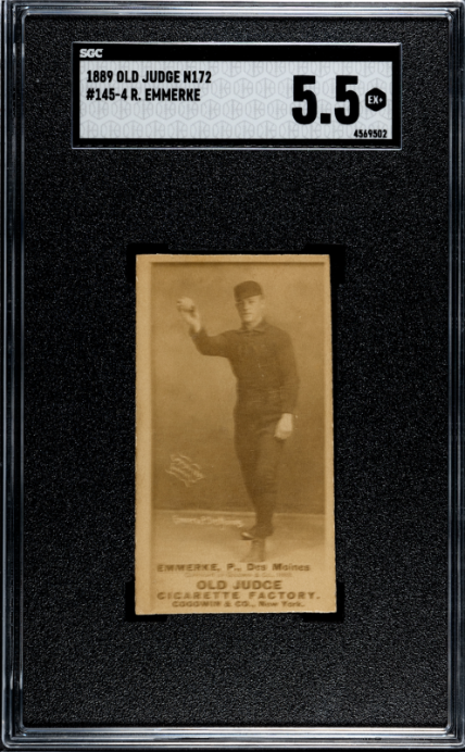1887 OLD JUDGE ROBERT EMMERKE 145-4 PITCH R HAND HEAD HIGH SGC 5.5 DES MOINES