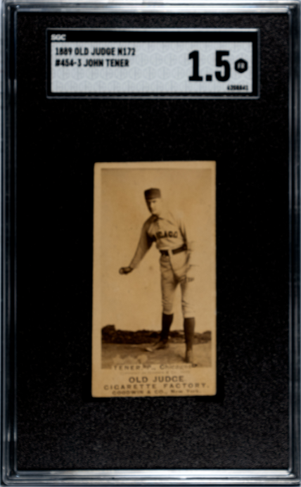 1887 OLD JUDGE JOHN TENER 454-3 BALL IN R HAND THIGH HIGH SGC 1.5 WHITE STOCKING