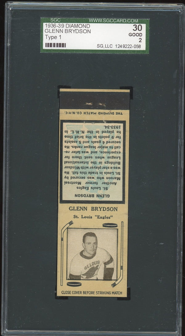 1936 DIAMOND MATCHBOOKS GLENN BRYDSON NNO GOOD SGC 2 HOCKEY CHICAGO BLACKHAWKS