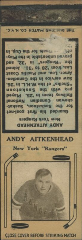 1934 DIAMOND MATCHBOOKS (TAN 1) ANDY AITKENHEAD NNO VG HOCKEY NEW YORK RANGERS