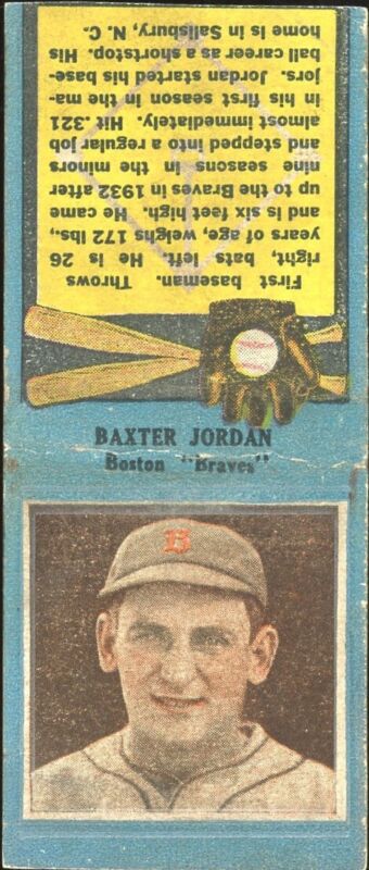 1934 DIAMOND MATCHBOOKS BAXTER JORDAN NNO VG BASEBALL BOSTON BRAVES