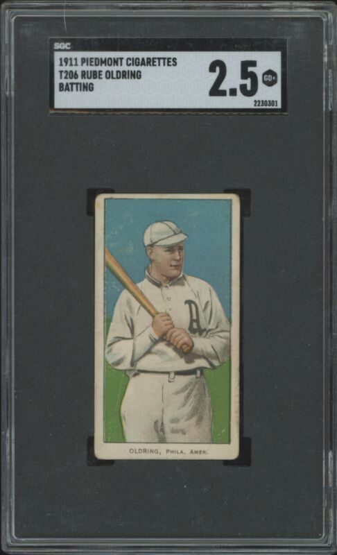 1909 T206 RUBE OLDRING GOOD+ PIEDMONT 350-460 BATTING SGC 2.5 ATHLETICS