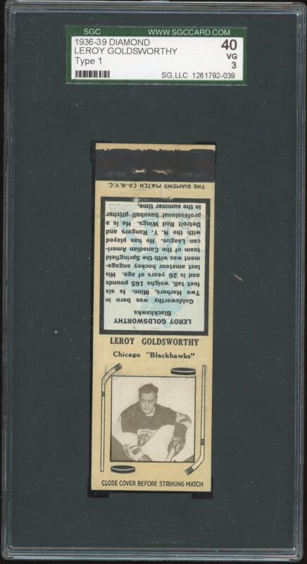 1934 DIAMOND MATCHBOOKS LEROY GOLDSWORTHY NNO VG SGC 3 HOCKEY CHICAGO BLACKHAWKS