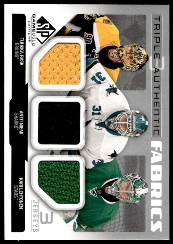 2014 SP GAME USED KARI LEHTONEN AF3-FIN MT TUUKA RASK ANTI NIEMI JERSEY TRIPLE