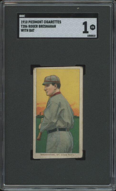 1909 T206 ROGER BRESNAHAN POOR HOF W/ BAT PIEDMONT 350 SGC 1 ST. LOUIS CARDINALS