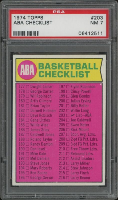 1974 TOPPS ABA CHECKLIST 203 NRMT 177-264 CL PSA 7 BASKETBALL CHECKLIST