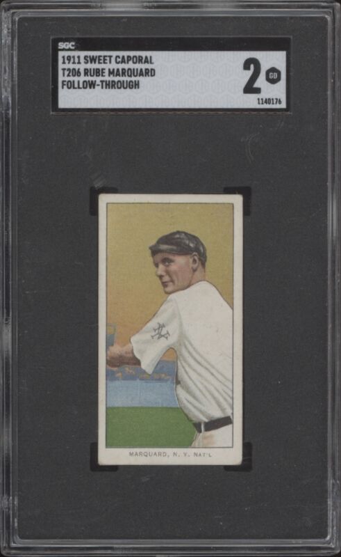 1909 T206 RUBE MARQUARD GD HOF FOLLOW THROUGH SWEET CAPORAL 350-460 SGC 2 GIANTS