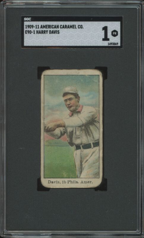 1909 E90-1 HARRY DAVIS POOR AMERICAN CARAMEL SGC 1 PHILADELPHIA ATHLETICS