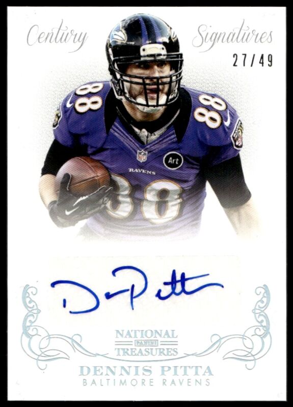 2013 NATIONAL TREASURES DENNIS PITTA 7 MT SILVER AUTO SIG CENTURY 27/49 RAVENS