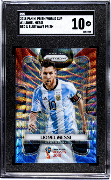 2018 PANINI PRIZM FIFA WORLD CUP LIONEL MESSI 1 GEM RED & BLUE WAVE PRIZM SGC 10