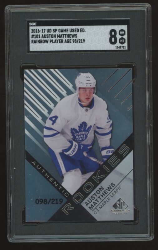 2016 SP GAME USED AUSTON MATTHEWS RAINBOW PLAYER AGE RC 98/219 SGC 8 MAPLE LEAFS