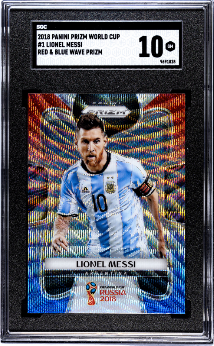 2018 PANINI PRIZM FIFA WORLD CUP LIONEL MESSI 1 GEM RED & BLUE WAVE PRIZM SGC 10