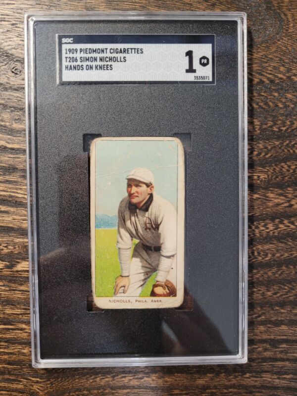 1909 T206 SIMON NICHOLLS POOR PIEDMONT 150 HANDS ON KNEES SGC 1 ATHLETICS