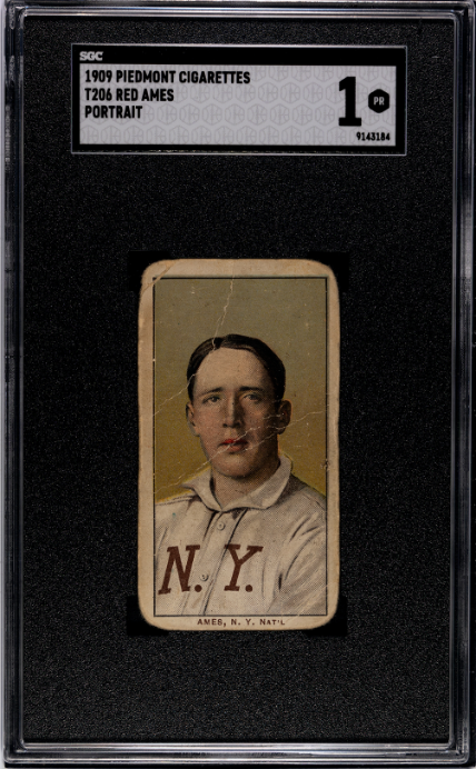 1909 T206 RED AMES POOR PIEDMONT 150 PORTRAIT BACK STAMP SGC 1 NEW YORK GIANTS