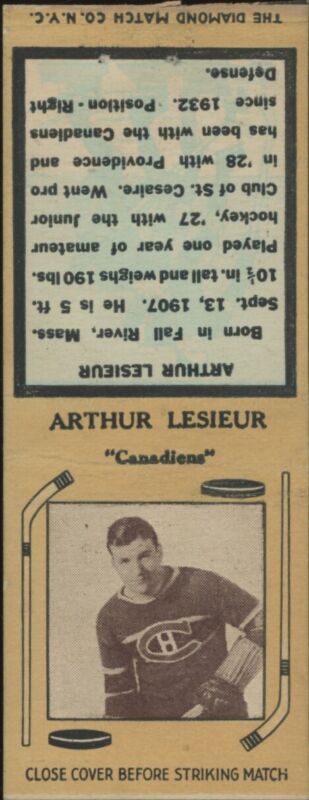 1934 DIAMOND MATCHBOOKS (TAN 2) ARTHUR LESIEUR NNO POOR MONTREAL CANADIENS