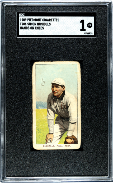 1909 T206 SIMON NICHOLLS PIEDMONT 150 HANDS ON KNEES SGC 1 PHILADELPHIA A'S