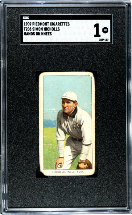 1909 T206 SIMON NICHOLLS PIEDMONT 150 HANDS ON KNEES SGC 1 PHILADELPHIA A'S